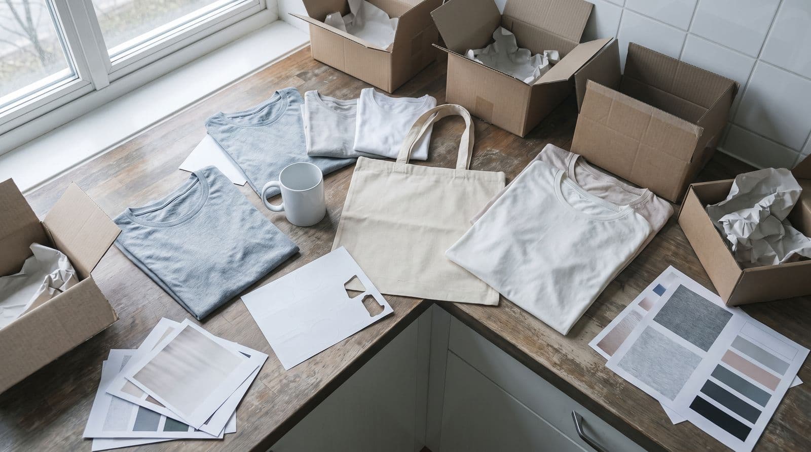 A collection of blank print-on-demand sample products, including t-shirts, a mug, and a tote bag, are laid out on a kitchen counter for a side-by-side quality comparison.
