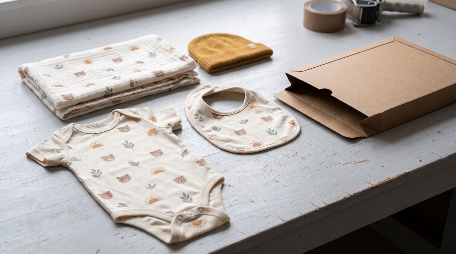 A collection of finished, printed baby products including a bodysuit, bib, muslin blanket, and knit hat laid out on a clean, neutral-toned packing workbench.