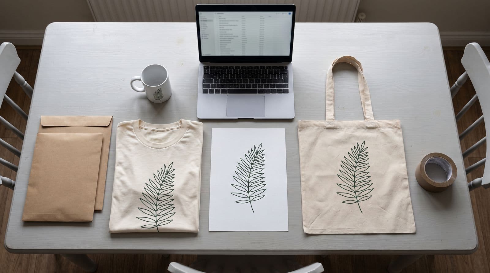An overhead view of a workspace table featuring a printed t-shirt, mug, art print, and canvas tote, all decorated with the same botanical fern design, alongside shipping supplies and an open laptop.