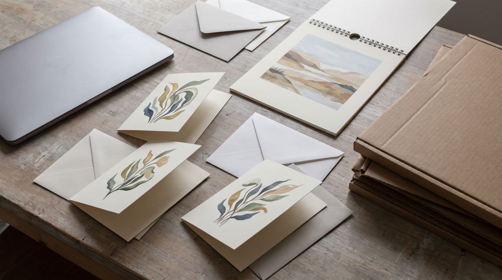 Three folded greeting cards with watercolour leaf artwork and their envelopes, a wire-bound wall calendar open to a landscape print, a closed laptop and a stack of flat mailers on a pale wooden work table.