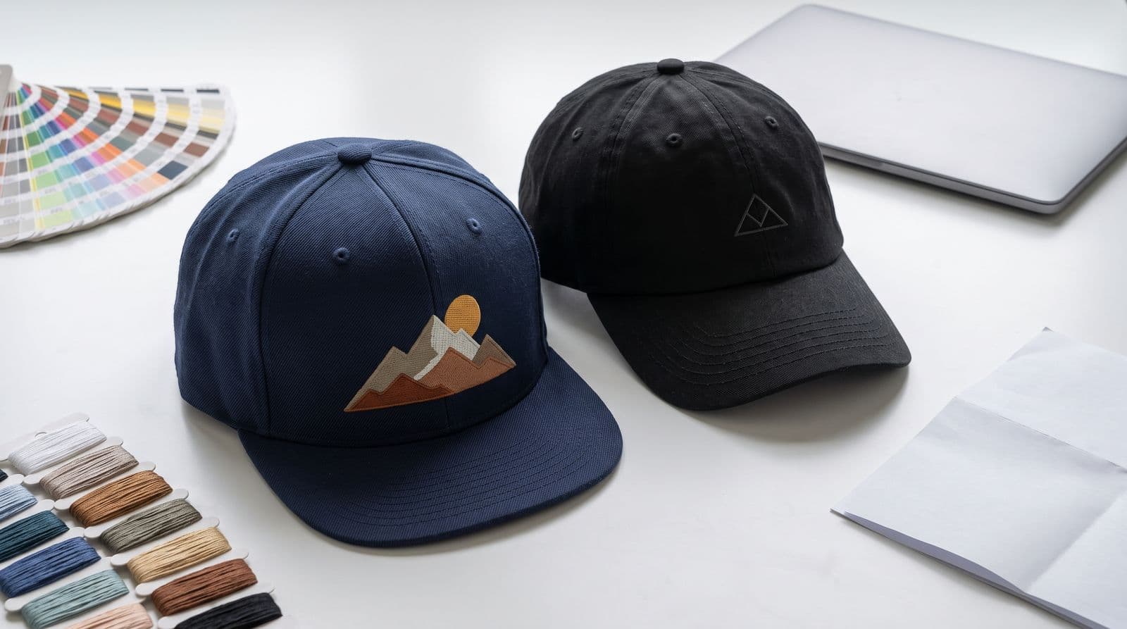 A navy snapback with a flat-embroidered mountain-and-sun mark beside a black dad hat with a small outline mark on a white table, a fan of thread colour samples and skeins to the left, a laptop and a packing slip to the right.