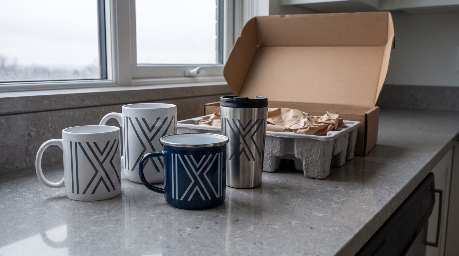 Four mugs with the same grey chevron print on a kitchen counter by a window, two white ceramic sizes, a navy enamel camp mug and a steel travel mug, with an opened shipping box and pulp insert behind them.