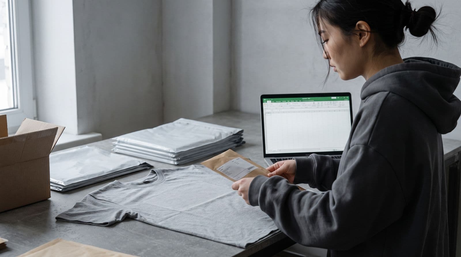 A woman in an oversized hoodie inspects a finished, custom-printed t-shirt on a professional packing workbench surrounded by shipping supplies and a laptop.