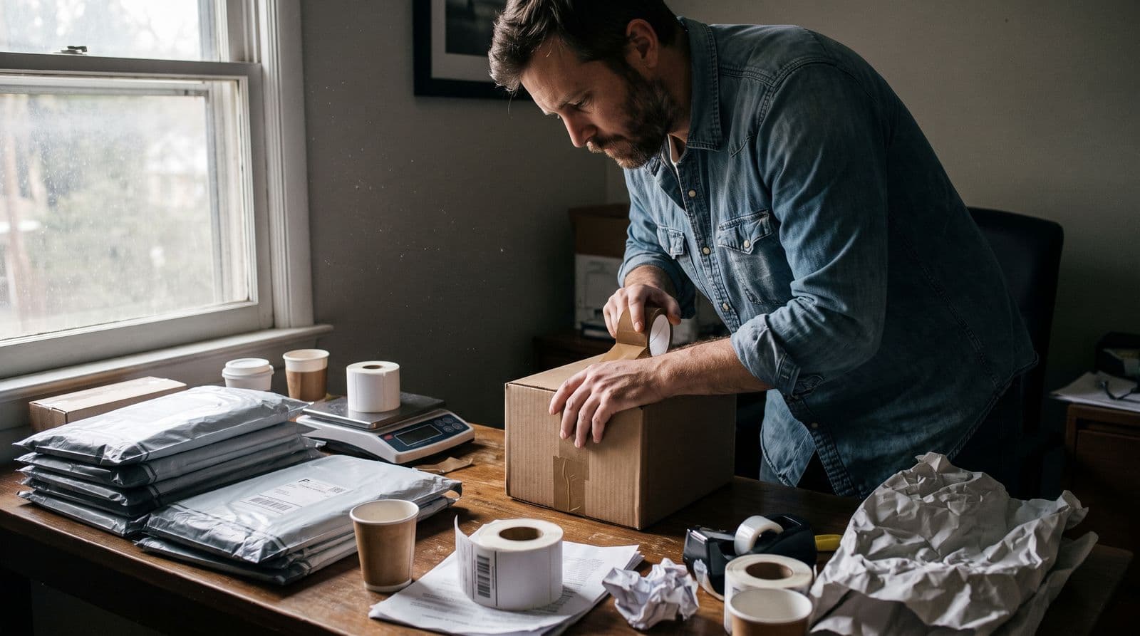 A man in a denim shirt tapes a cardboard shipping box shut at a cluttered home workspace filled with packing supplies.