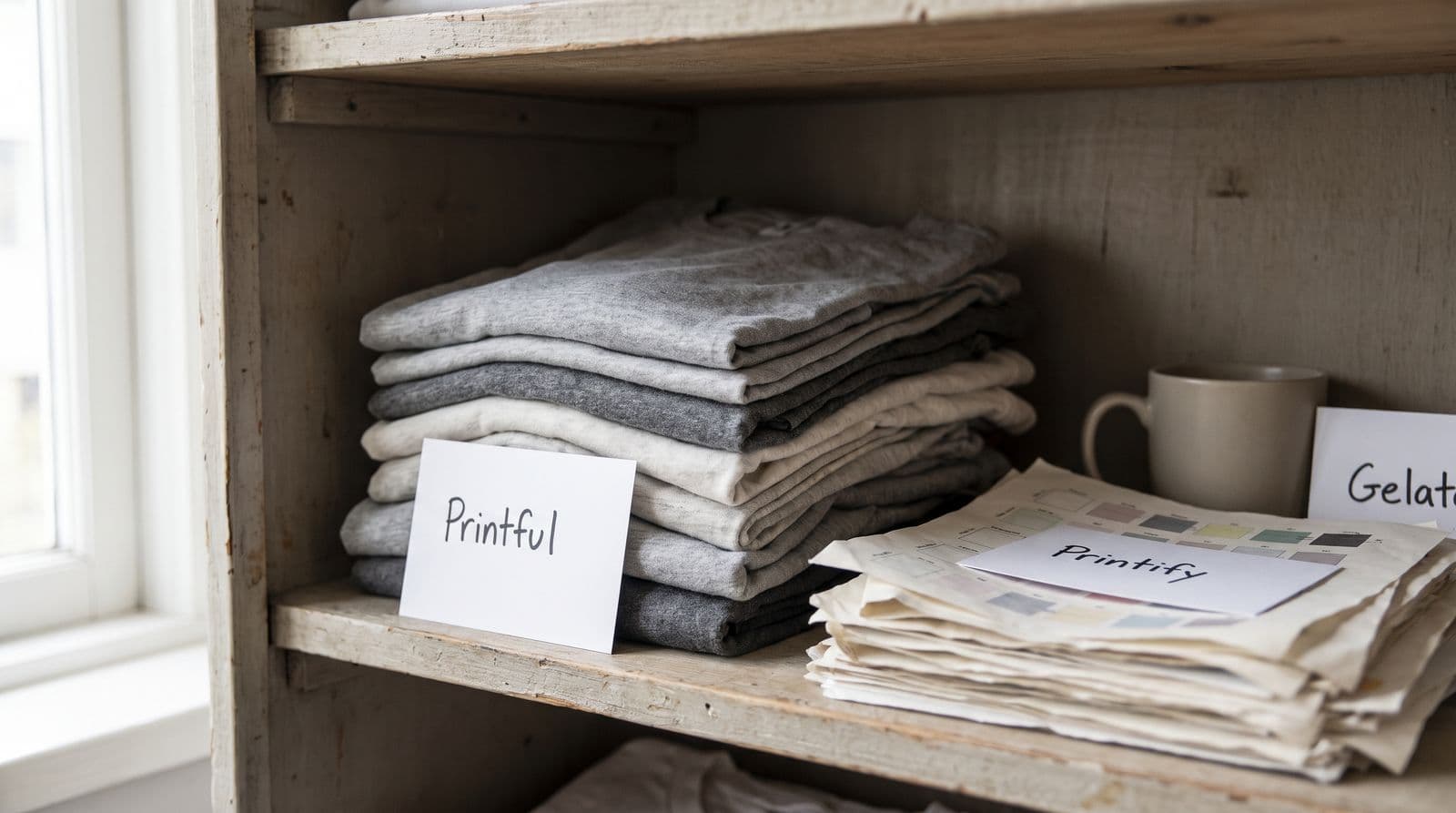 A close-up view of a storage shelf featuring stacks of t-shirts and print quality tests from different print-on-demand suppliers, each identified by a simple handwritten label.