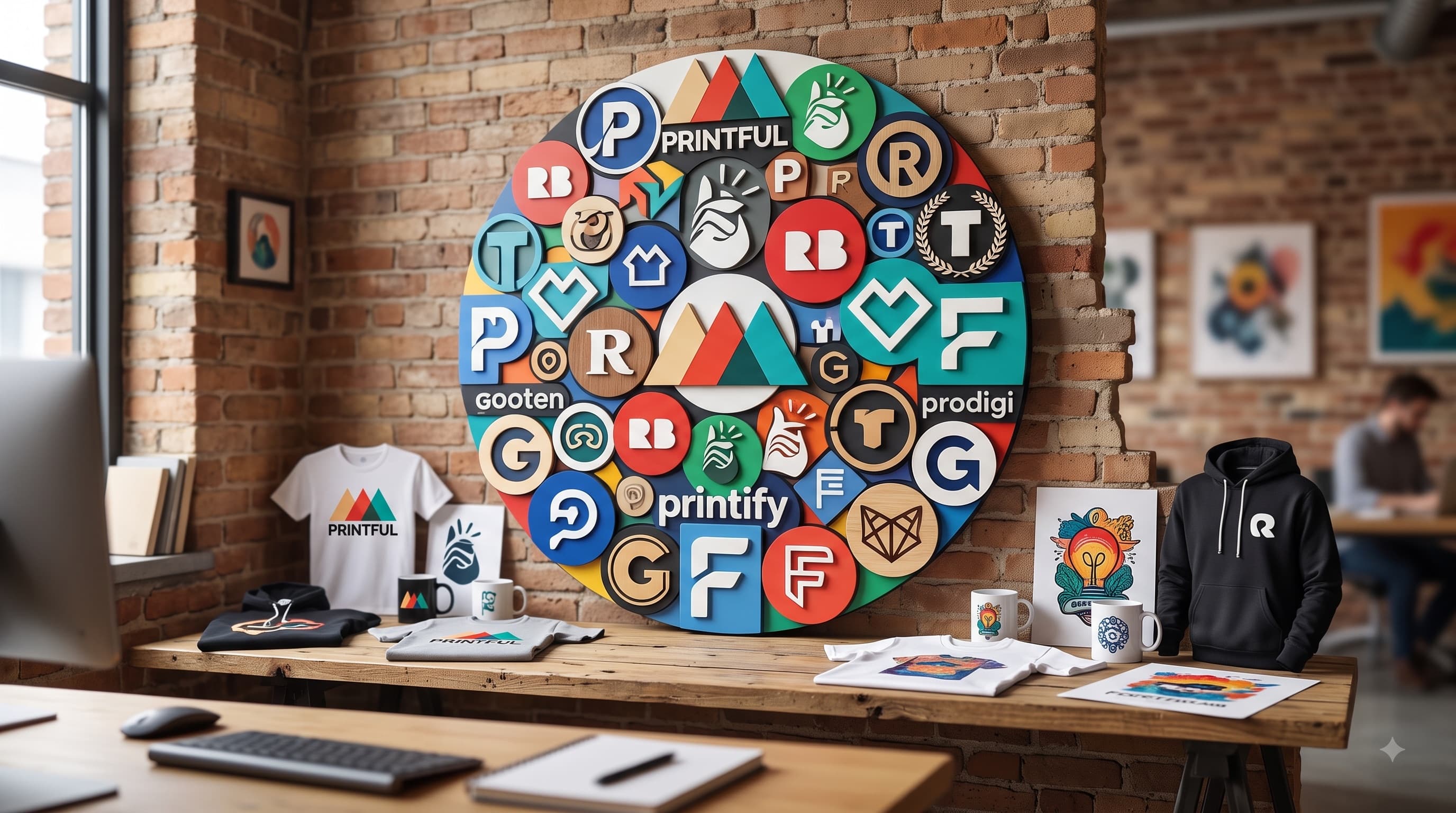Decorative wall collage of print-on-demand platform logos above a table of branded merch mockups