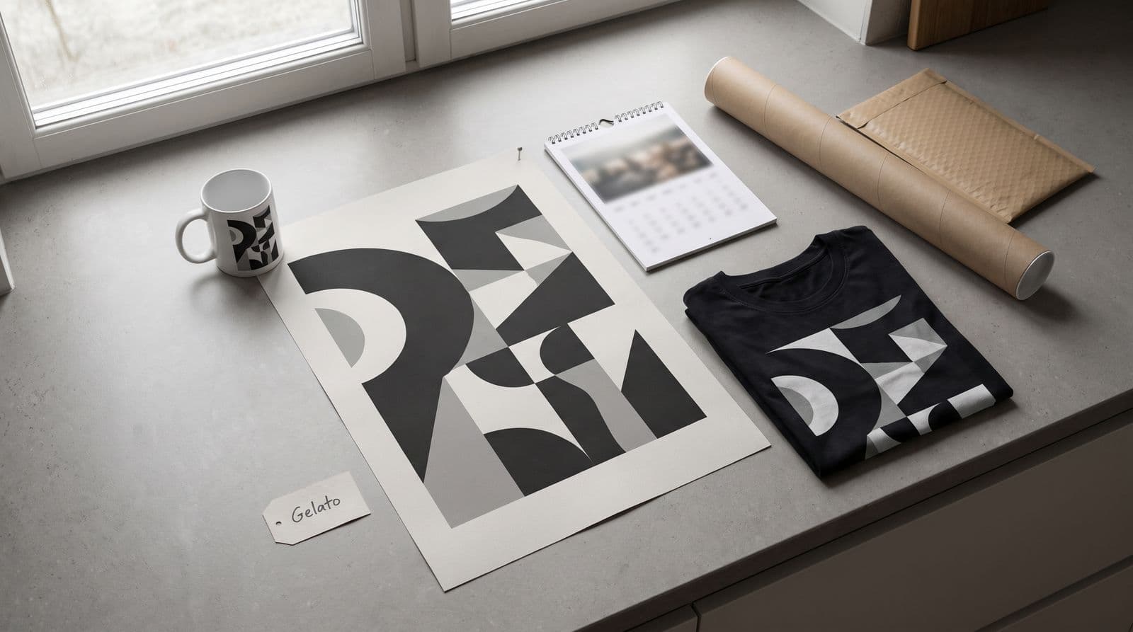 A kitchen counter by a window with a matte poster, a white mug, a folded black t-shirt and a wall calendar all carrying the same grey geometric print, a kraft poster tube and a padded mailer beside them and a paper tag reading Gelato.