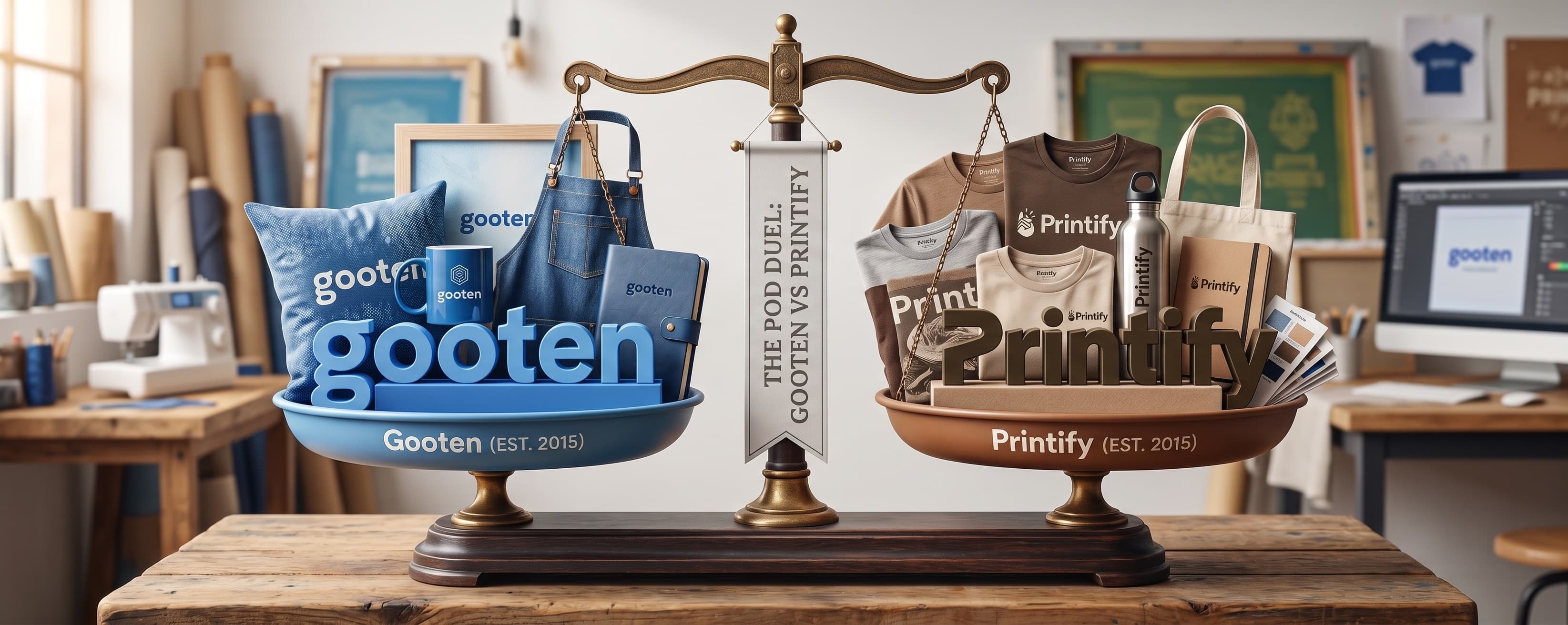 An illustration of a balance scale labeled 'The POD Duel: Gooten vs Printify,' with Gooten's branded merch like a mug and pillow on the blue side, and Printify's branded t-shirts and tote bag on the brown side.