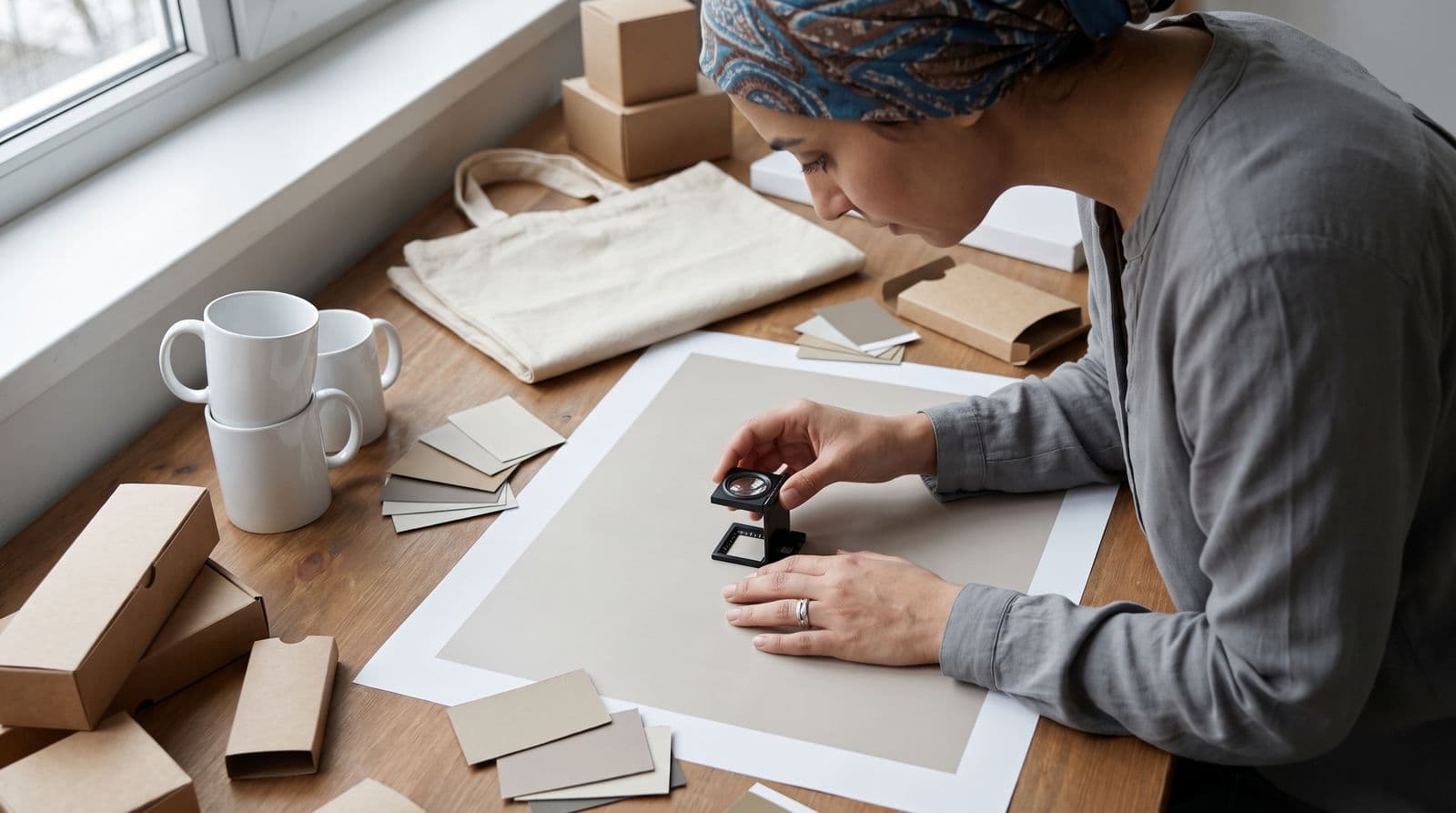 A woman in a patterned headscarf inspects a print-quality test sheet with a magnifying loupe on a workspace cluttered with unbranded mugs, tote bags, and packaging samples.