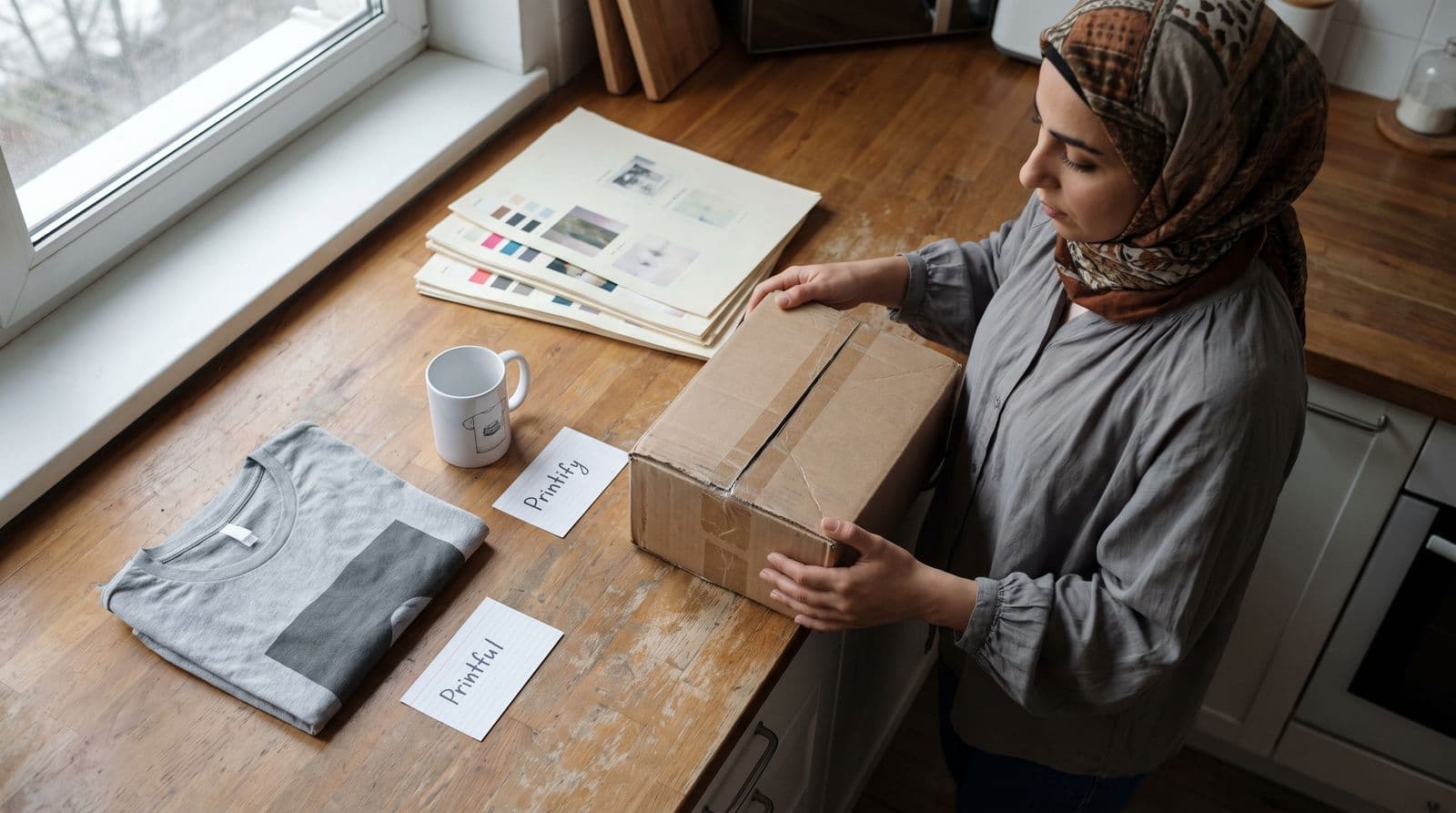 A woman compares print-on-demand samples on a kitchen counter while preparing for holiday shipping deadlines.