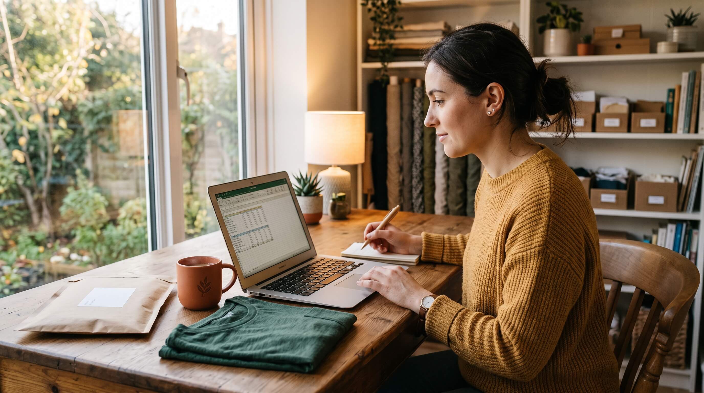 Print-on-demand seller calculating product costs and profit margins on a laptop spreadsheet