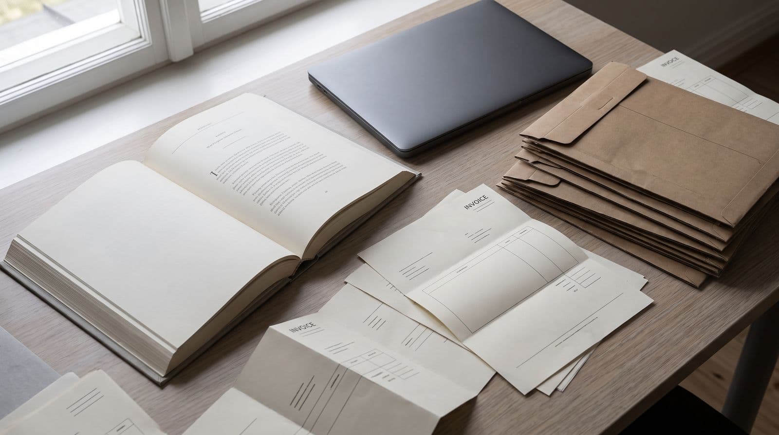 A professional hardcover book lies open on a workspace, surrounded by shipping mailers, a laptop, and order paperwork, illustrating the print-on-demand publishing process.