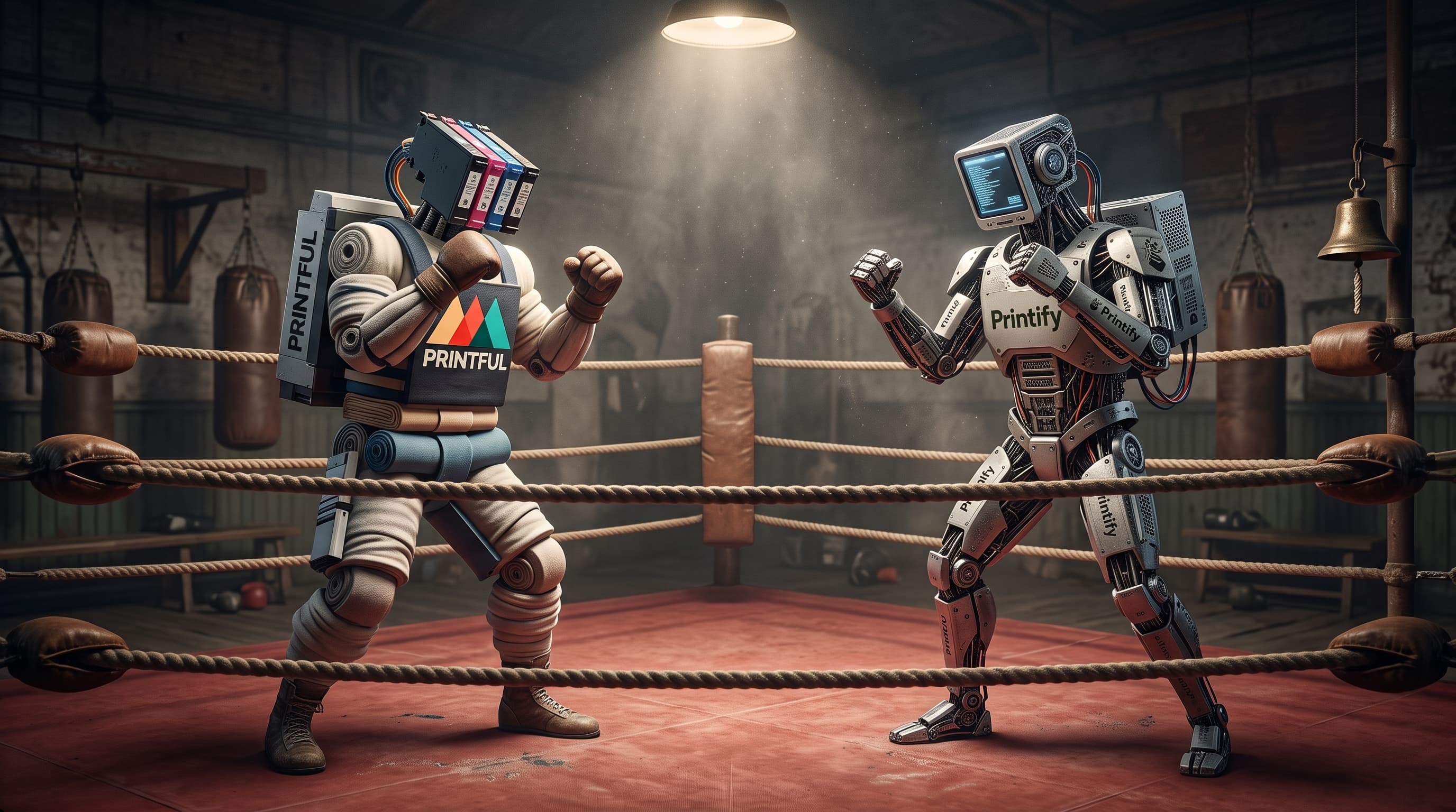 An illustration of two robot boxers facing off in a ring, one labeled Printful with an ink-cartridge head, the other labeled Printify with a computer-monitor head, symbolizing a comparison between the two platforms.