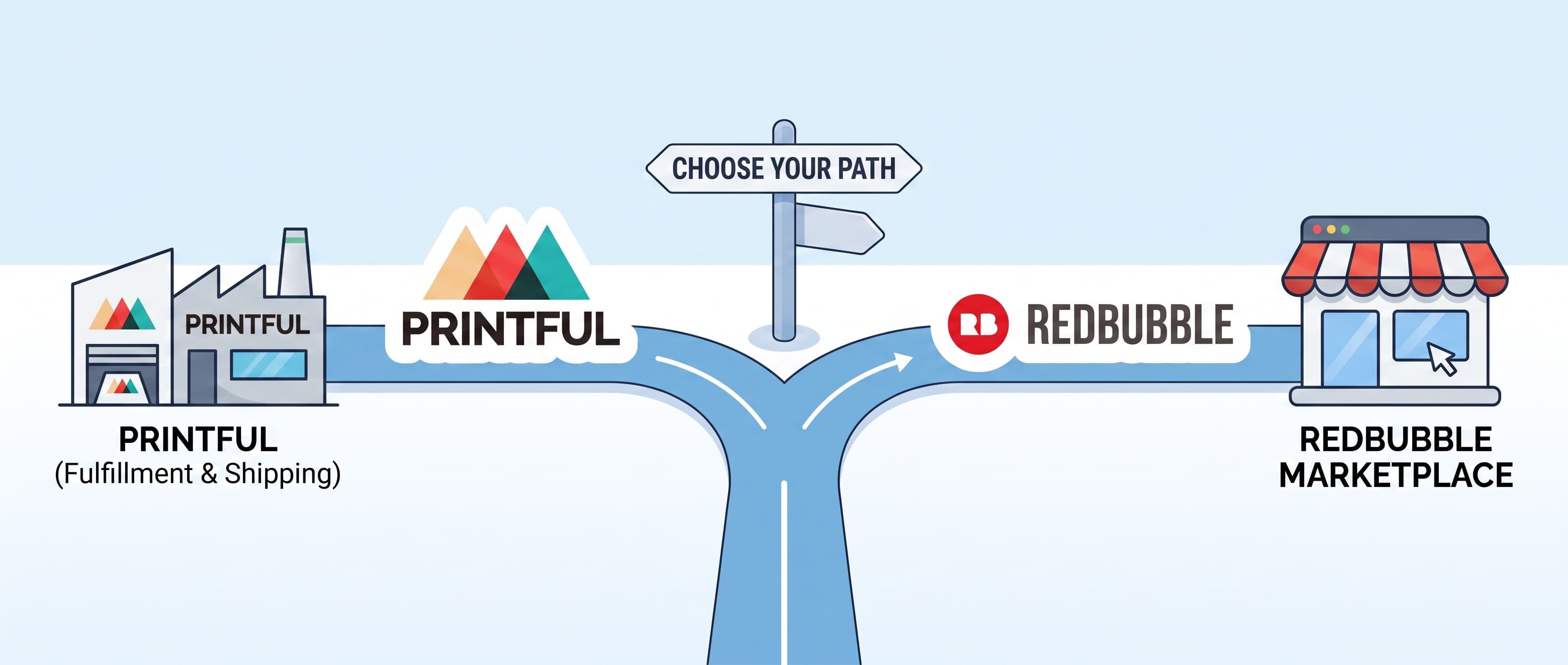 A 'Choose your path' signpost diagram showing two routes: one to Printful labeled as fulfillment and shipping, and another to the Redbubble marketplace.