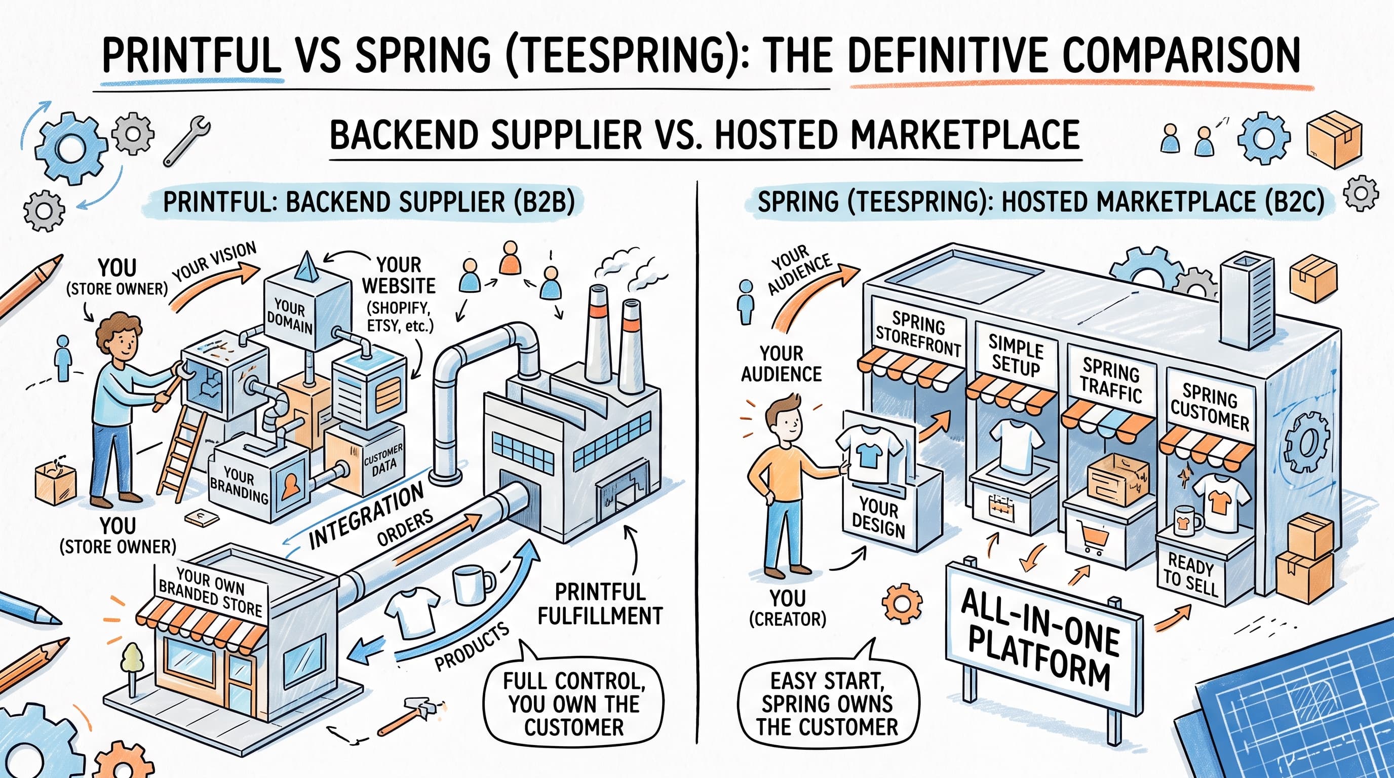 An illustrated comparison titled 'Printful vs Spring (Teespring): the definitive comparison,' showing Printful as a backend B2B supplier feeding a store owner's own branded website, versus Spring as a hosted B2C marketplace where a creator lists designs directly for sale.