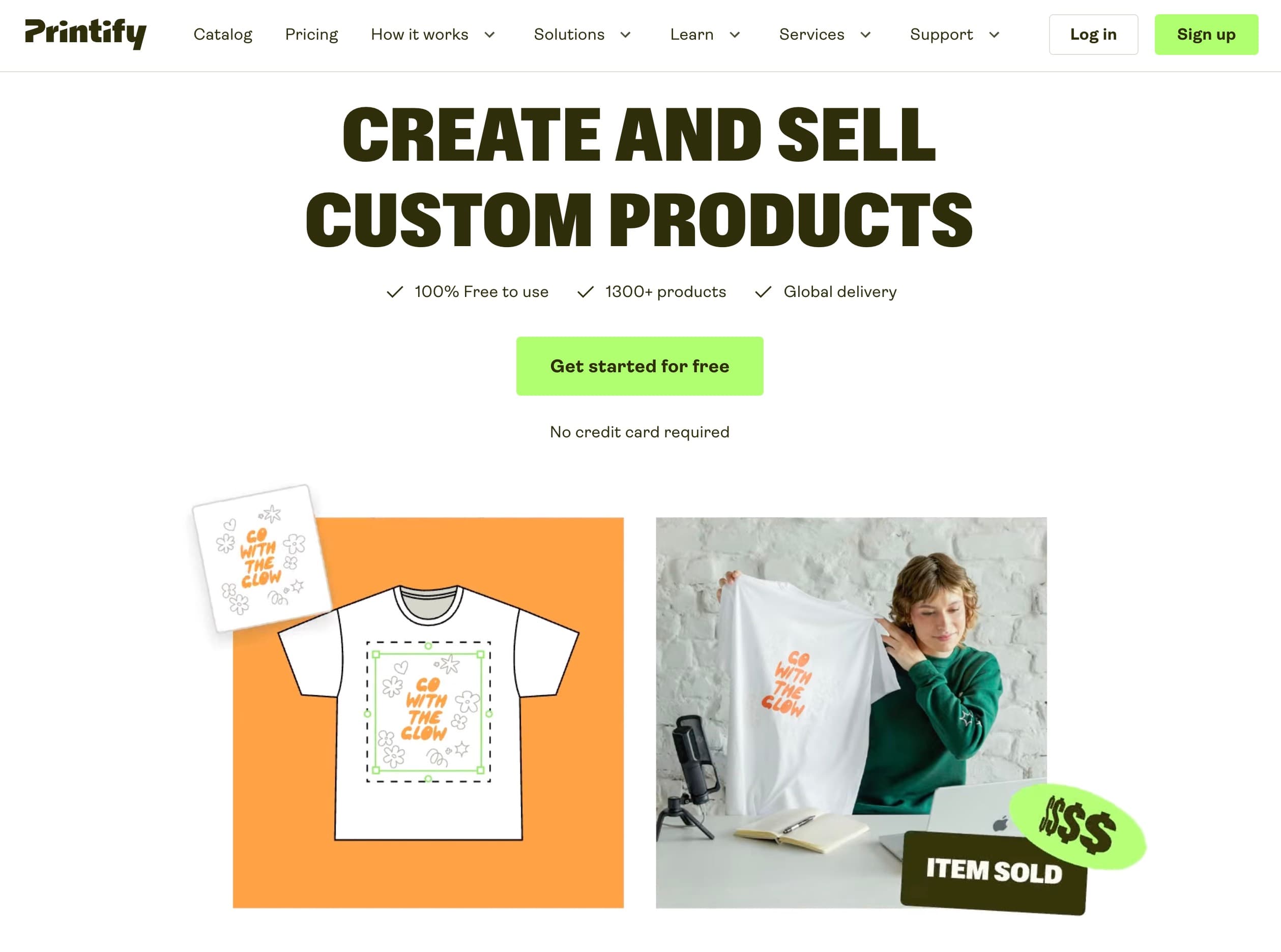 Printify homepage screenshot showing a custom t-shirt design mockup and finished product.