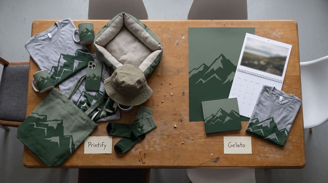 A wooden table seen from above with two groups sharing one mountain design: a crowded Printify group of tee, mugs, phone case, pet bed, bucket hat, tote and socks, and a tidy Gelato group of poster, wall calendar, photo book and folded tee.