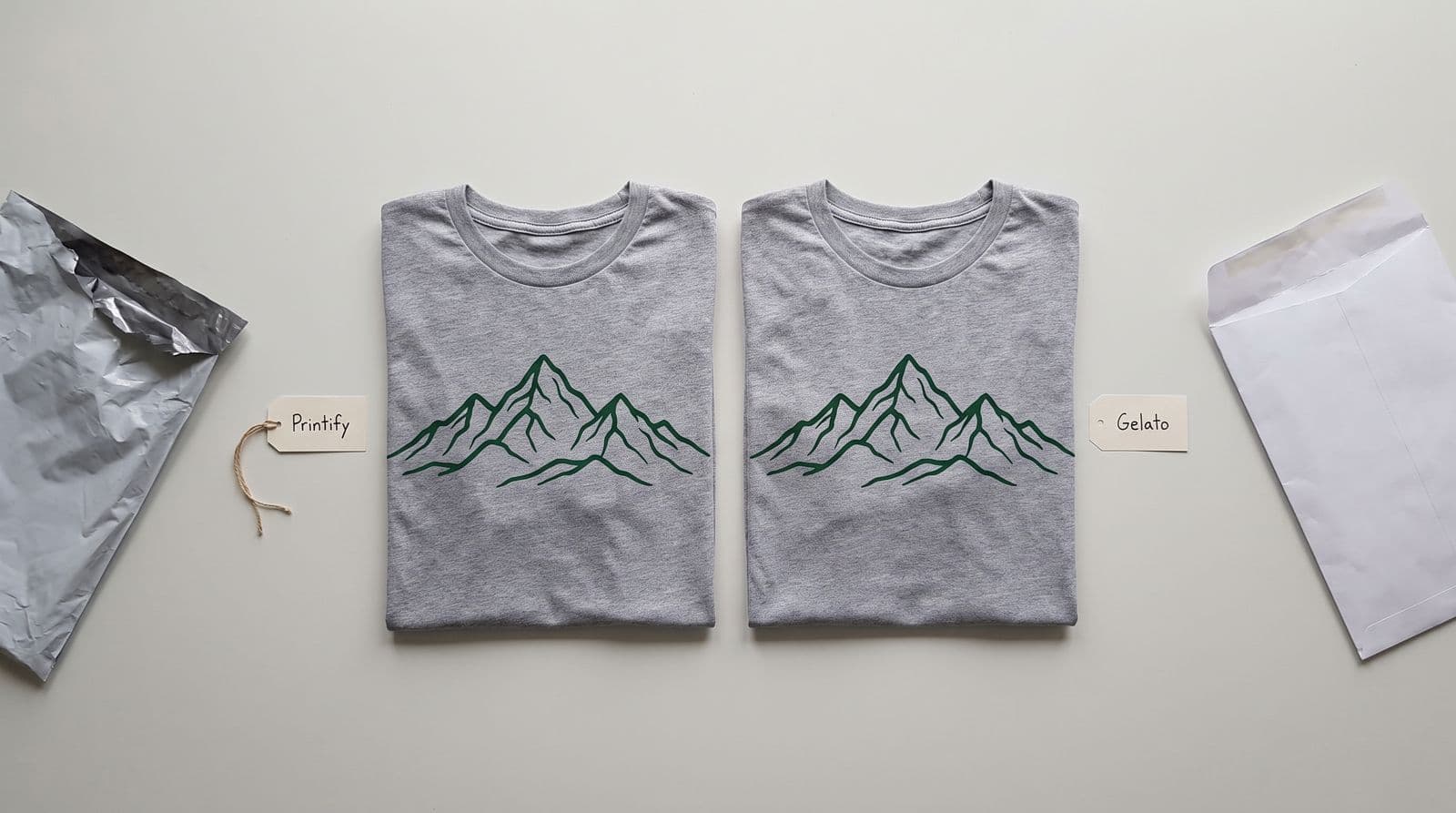 Two folded heather-grey t-shirts with the same green mountain-range print side by side on a pale table, one tagged Printify beside a grey poly mailer and one tagged Gelato beside a white envelope.