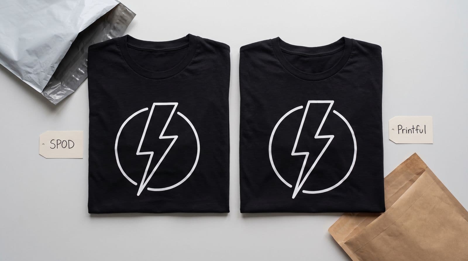 Two folded black t-shirts with the same white lightning-bolt print side by side, one tagged SPOD beside a silver poly mailer and one tagged Printful beside kraft paper packaging.
