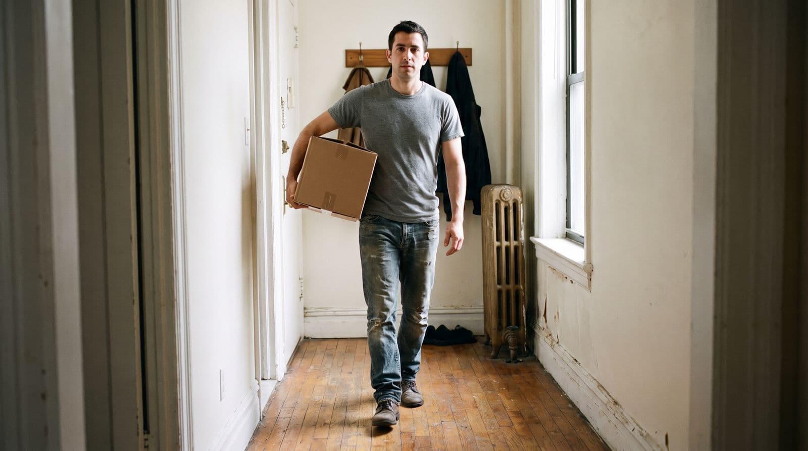 A man carrying a plain cardboard parcel through the hallway of an apartment.