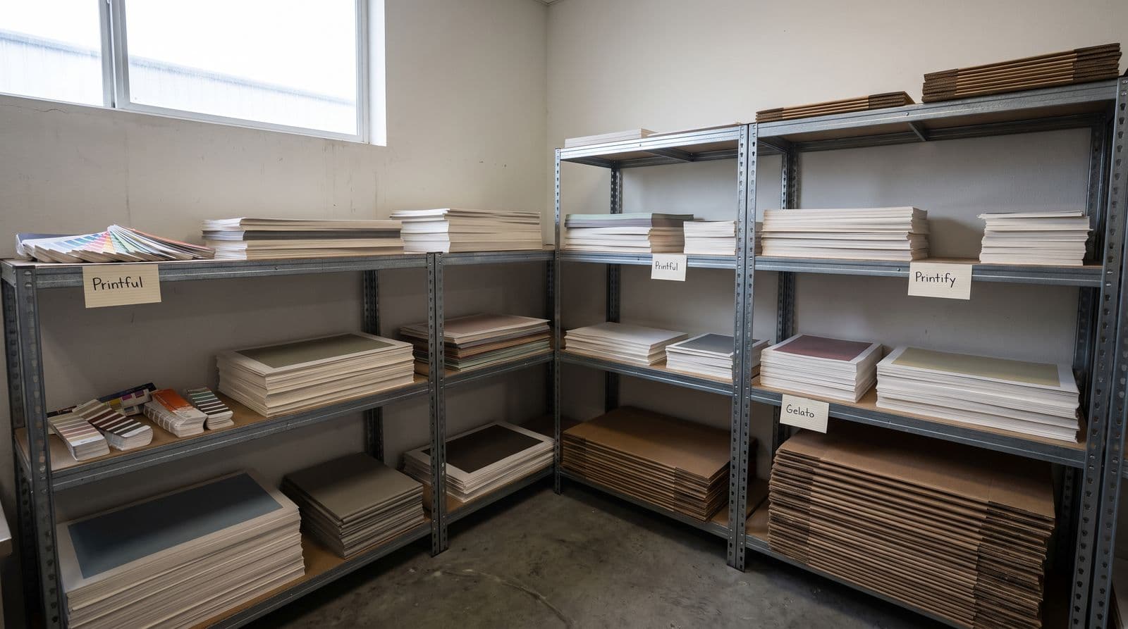 A wide shot of an industrial storage cupboard containing stacks of fine art prints and shipping materials, with three index cards labeled Printful, Printify, and Gelato identifying the different supplier samples.