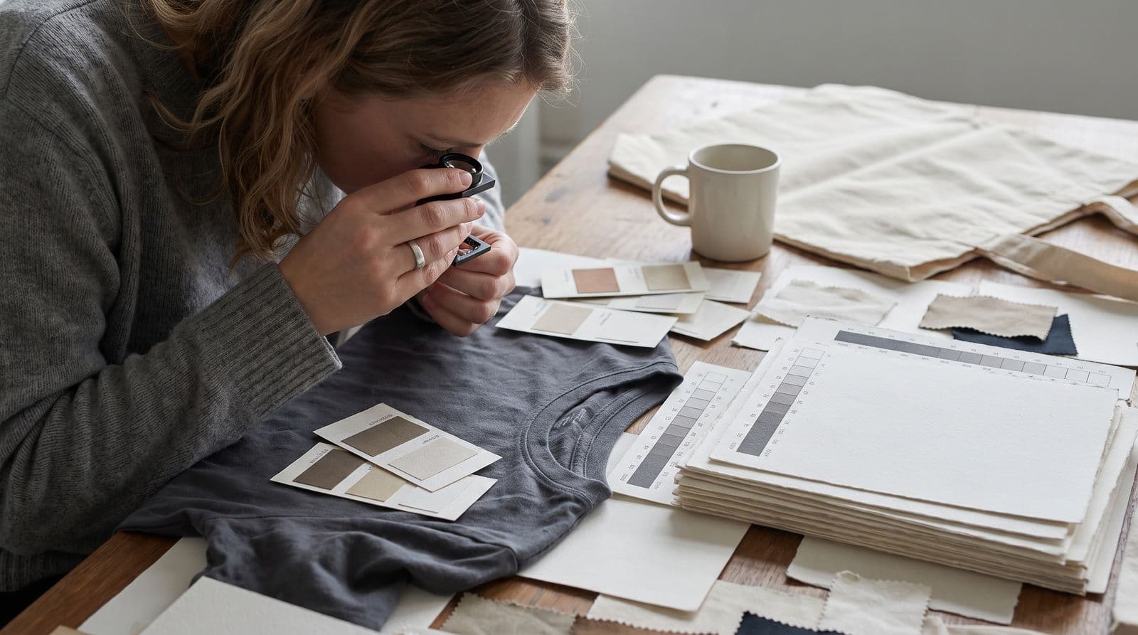 A woman examines the print quality of a textile sample on a workspace filled with color swatches and various blank merchandise items.