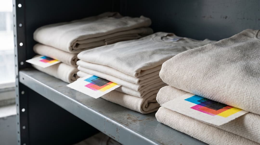 Three stacks of blank t-shirts of varying fabric textures sit on a metal shelf, accompanied by abstract color-test sheets representing different production tiers.