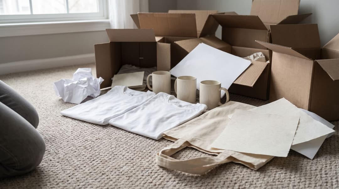 A low-angle view of a floor scattered with half-unpacked shipping boxes, blank t-shirts, mugs, and print-quality test sheets being compared for a print-on-demand evaluation.