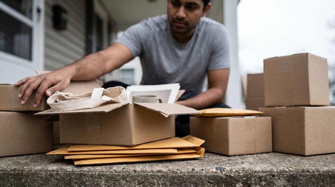 A man kneels on a concrete front step surrounded by a disorganized pile of shipping boxes and various print-on-demand items including a tote bag and a mug.