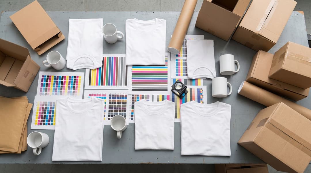 An overhead view of a workstation featuring various blank t-shirts, mugs, and print-quality test sheets spread out for a side-by-side comparison of manufacturing quality.
