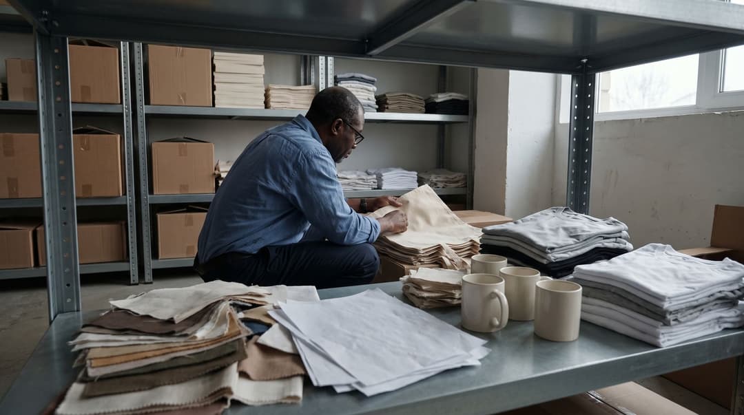 A man in his 50s examines a stack of unbranded print-on-demand sample products including t-shirts and mugs on a storage shelf.