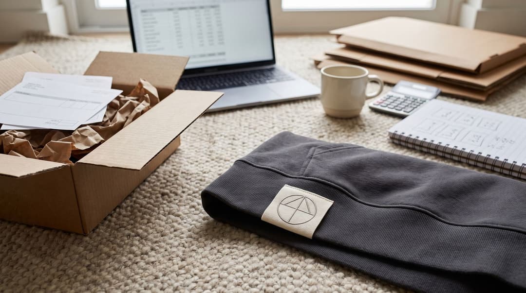 A dining-table workspace in daylight: a laptop showing a spreadsheet, an open box of packing slips, a calculator, a notepad with a pencilled cost breakdown, kraft mailers, a mug, and a folded dark hoodie with a woven hem label in front.