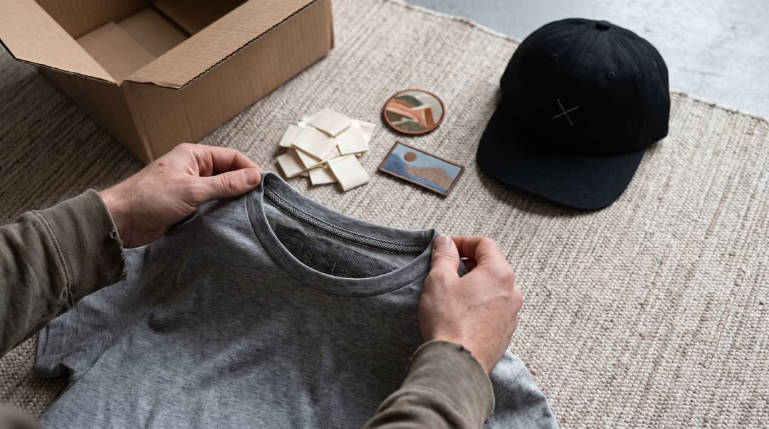 Hands holding open the collar of a heather-grey t-shirt to show a printed tagless neck label, with a pile of small woven labels, two embroidered patches and a black cap with a small embroidered mark on a rug beside an open shipping box.