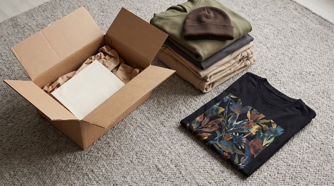 An open shipping box with a blank packing slip, a stack of folded blanks in muted colours topped with a beanie, and a black t-shirt with a full-colour botanical print laid flat on a grey rug.