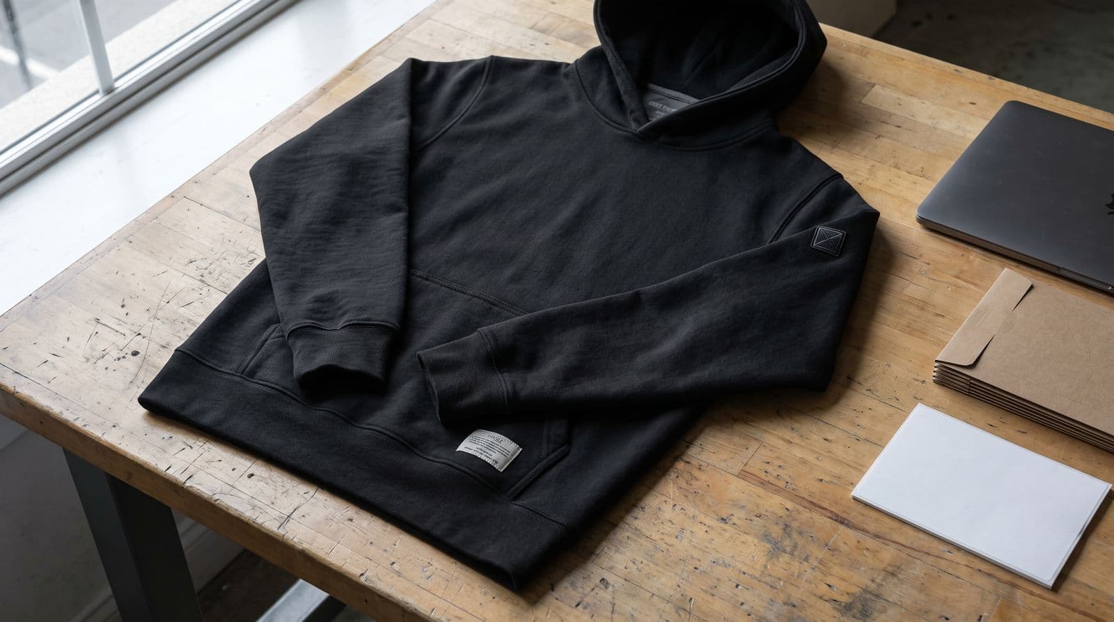 A black pullover hoodie laid flat on a wooden work table by a window, a small woven label at the hem and an embroidered patch on the sleeve, a closed laptop, kraft mailers and a blank packing slip at the edge of the table.