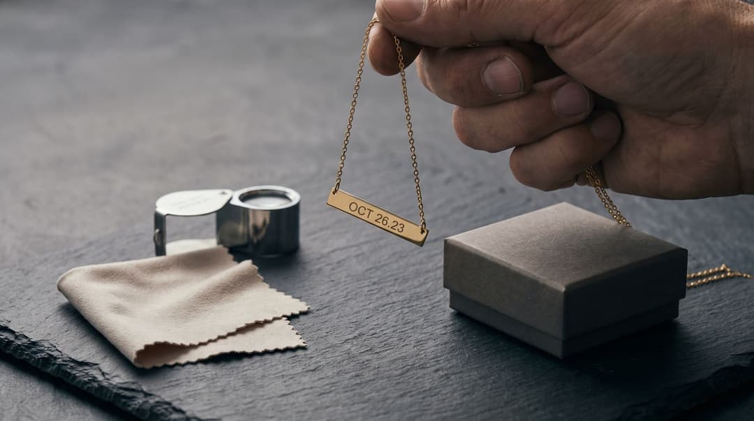 A close-up shot of a hand holding a gold-toned bar pendant over a dark slate jeweler's workbench, accompanied by a jeweler's loupe and a plain gift box.