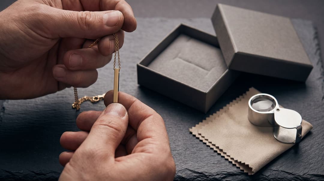 A close-up view of a pair of hands holding a gold-toned bar pendant necklace over a dark slate jeweler's workbench with a polishing cloth and a loupe nearby.