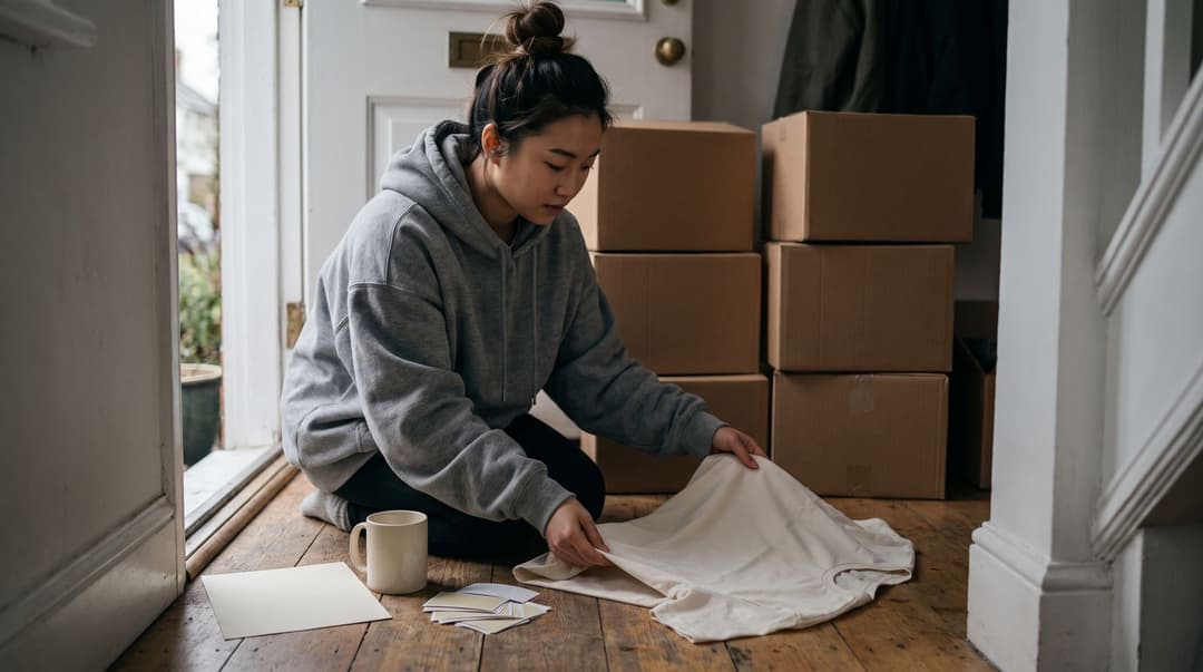 A woman in an oversized hoodie kneels on a hallway floor, comparing the print quality of a plain t-shirt and a ceramic mug taken from a pile of delivery boxes.