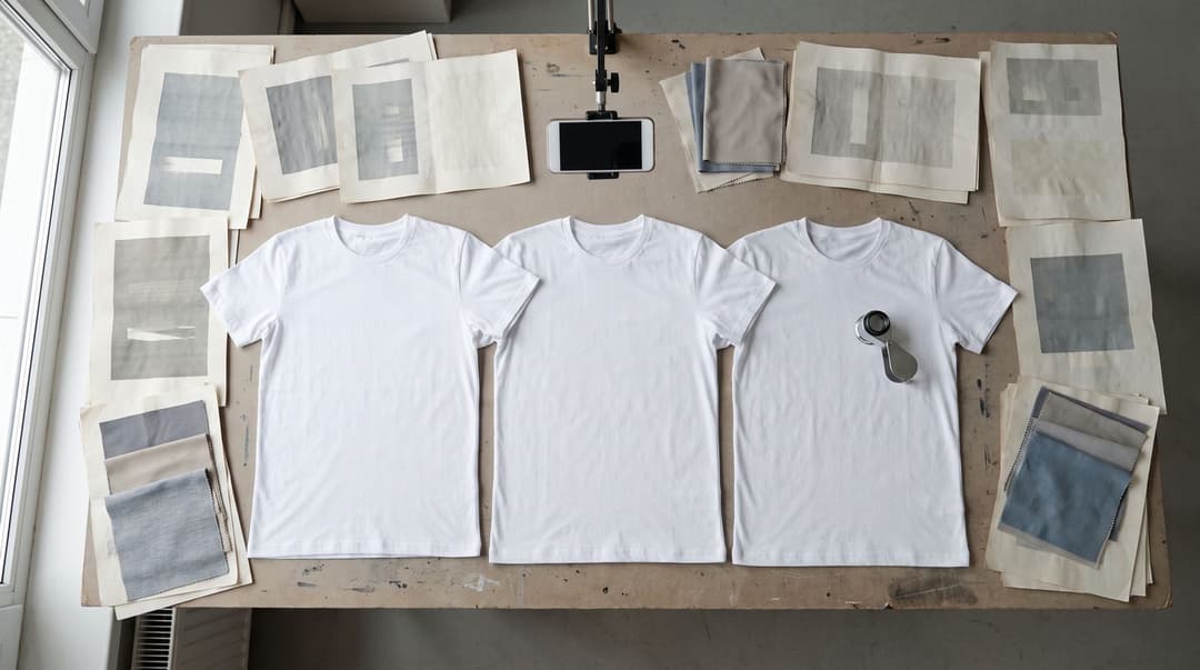 An overhead view of a workstation featuring three plain white t-shirts, fabric swatches, and a magnifying loupe used for assessing print quality.