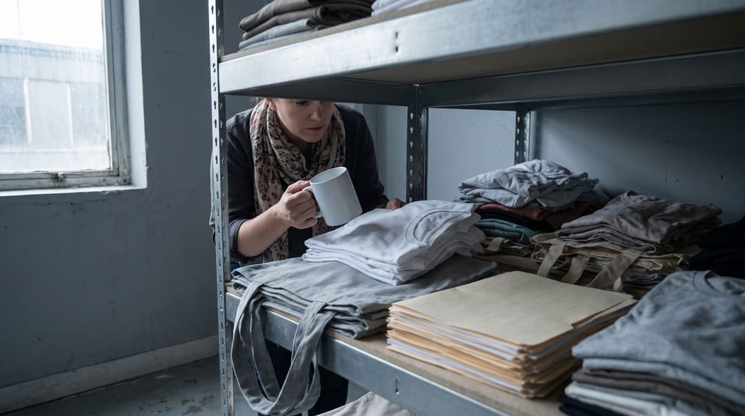 A woman in a patterned headscarf inspects a stack of plain printed apparel samples and a mug inside a functional, neutral-toned storage cupboard filled with print-on-demand test products.