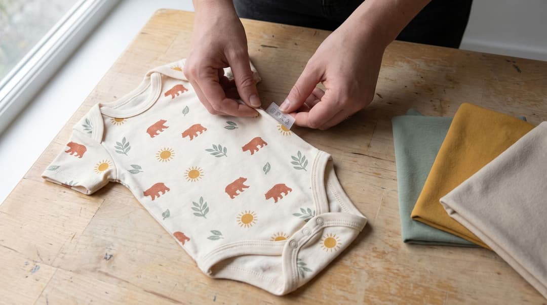 Hands turn a printed cream baby bodysuit with a bear, sun and leaf pattern to check the sewn-in side-seam label, cotton swatches beside it on a worktable.