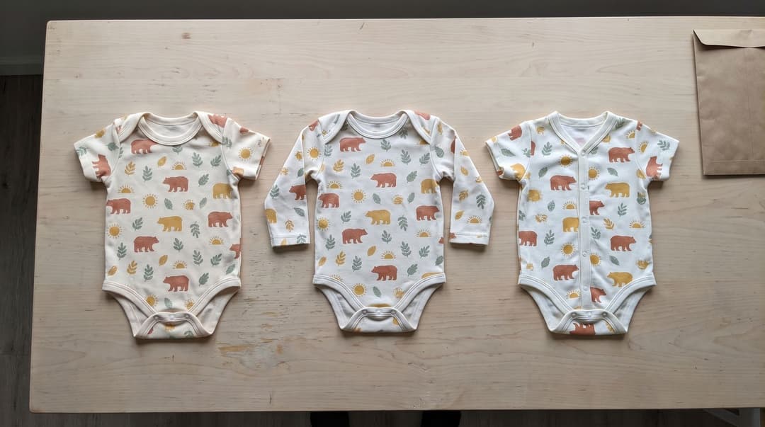 Three baby bodysuits with the same bear and sun print laid side by side on a table, each from a different supplier with slightly different cuts and shades of cream.