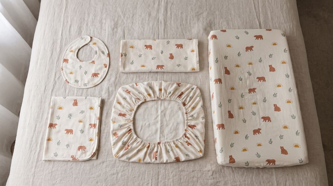 A matching nursery set laid out on a linen bed: bib, burp cloth, swaddle blanket, fitted crib sheet and changing pad cover, all with the same bear and sun print.