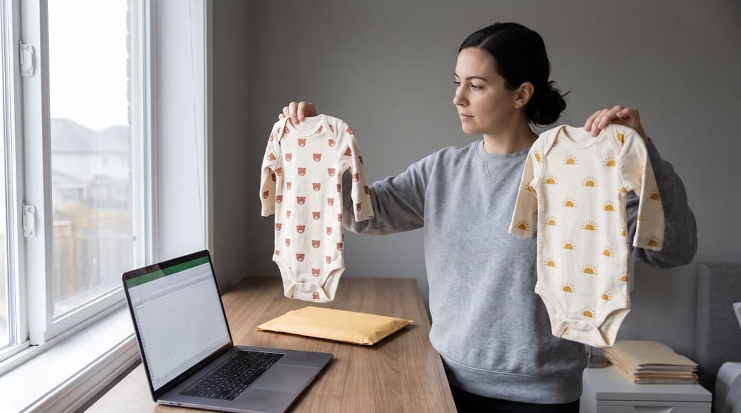 A seller at a home office desk holds up two printed baby bodysuits side by side to compare them, laptop and a mailer on the desk.
