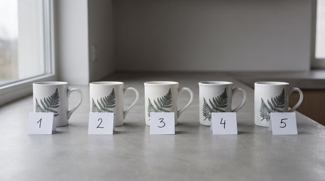 Five white mugs with the same fern print lined up on a kitchen counter, each from a different supplier, with paper tent cards numbered 1 to 5.