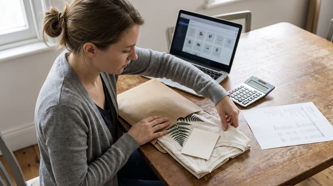 A seller at a dining table slides a fern-print t-shirt and a thank-you card into a kraft mailer, with a calculator, a fee sheet and a laptop beside her.