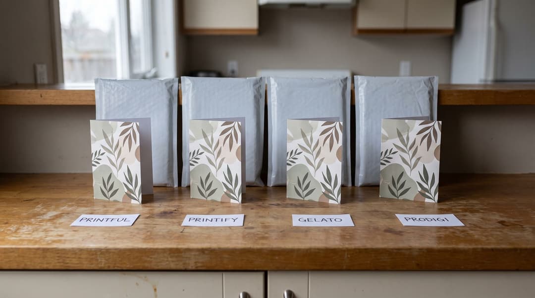 Four identical folded greeting cards with the same leaf print standing in a row on a kitchen counter, each with a handwritten paper tag reading Printful, Printify, Gelato and Prodigi, four padded mailers behind them.