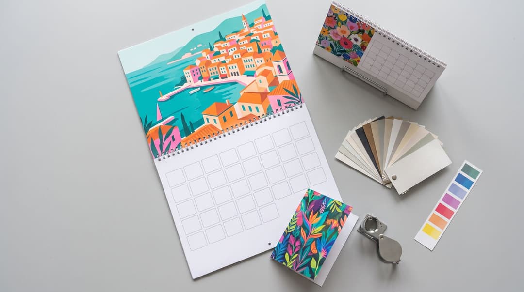 A wire-bound wall calendar open to a bright illustration of a coastal town above a printed month grid, a desk calendar with a floral print, a fan of paper swatches, a colour strip and a vivid botanical greeting card under a loupe on a grey table.