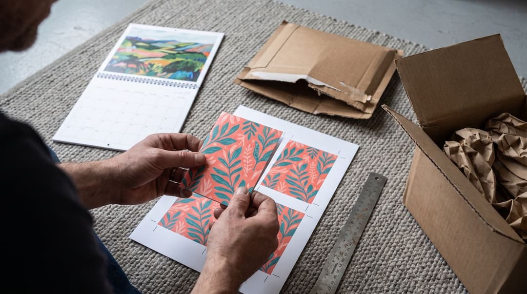 Hands holding a coral and teal botanical sample card over a proof sheet of the same design with crop marks, beside a wall calendar open to a colourful landscape above its month grid, a steel ruler, a torn mailer and an open shipping box.