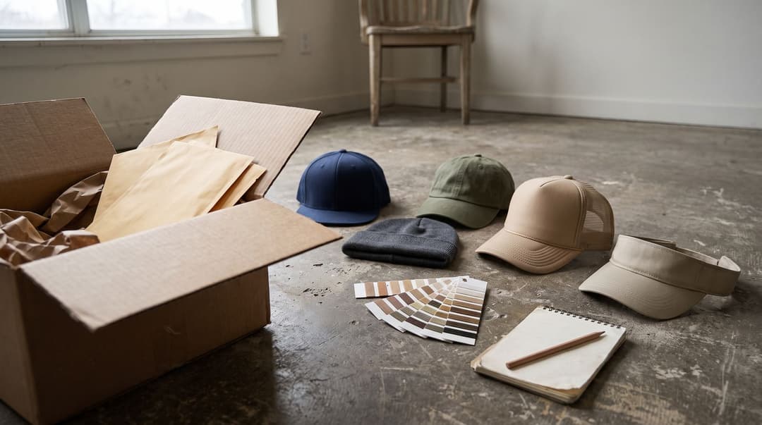 Five blank hats on a concrete floor by a window: a navy snapback, a grey beanie, an olive dad hat, a tan foam trucker cap and a visor, with a thread colour fan, a notebook and pencil, and an open box of mailers.